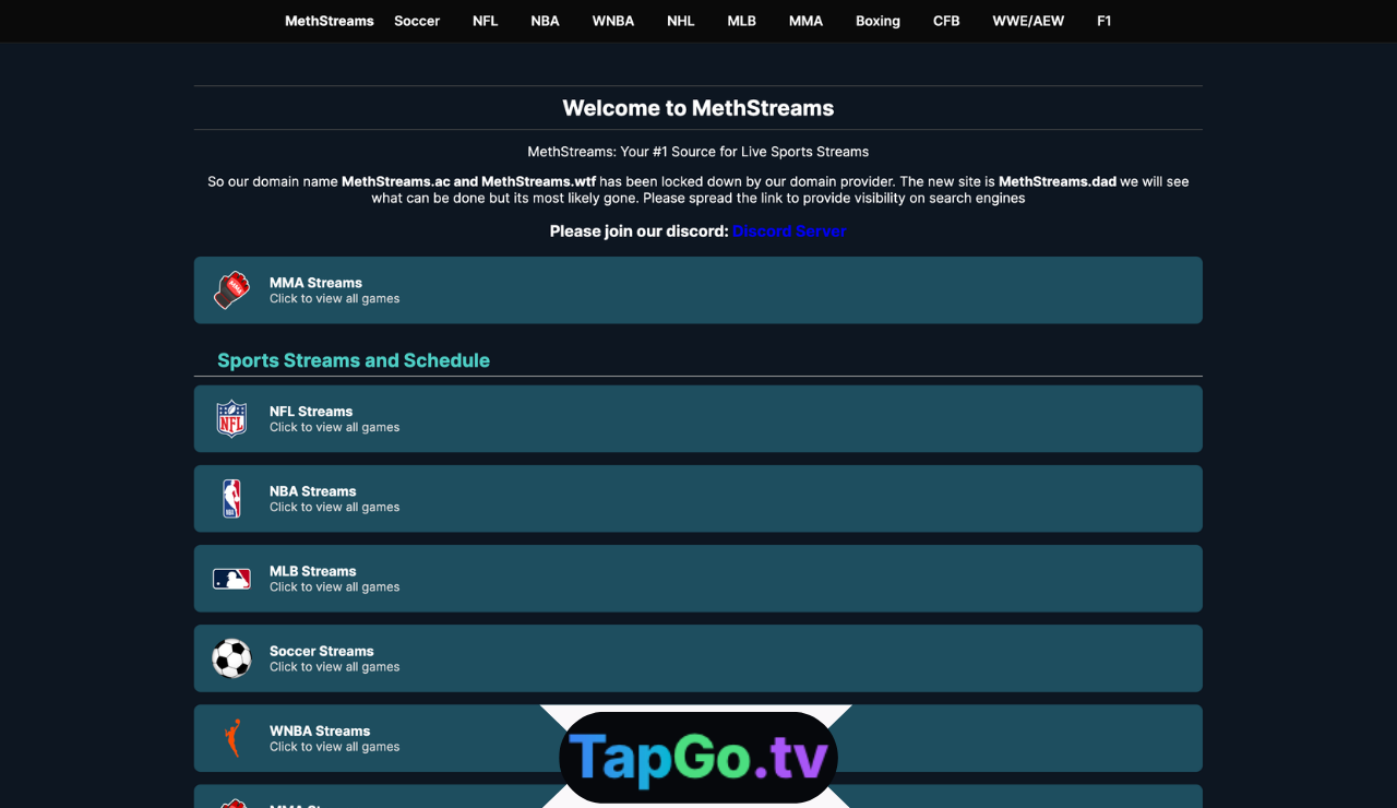 Methstreams sports streams interface